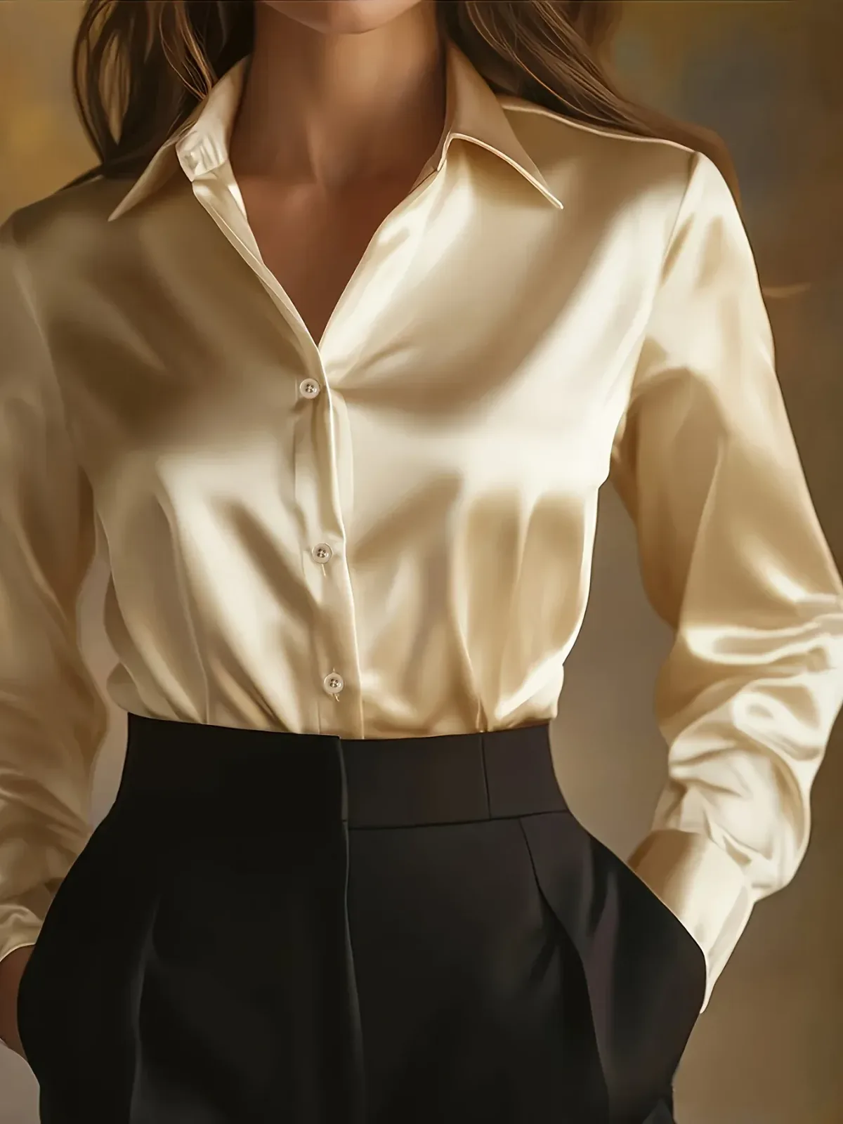 champagne silky office shirt tucked into high-waisted trousers
