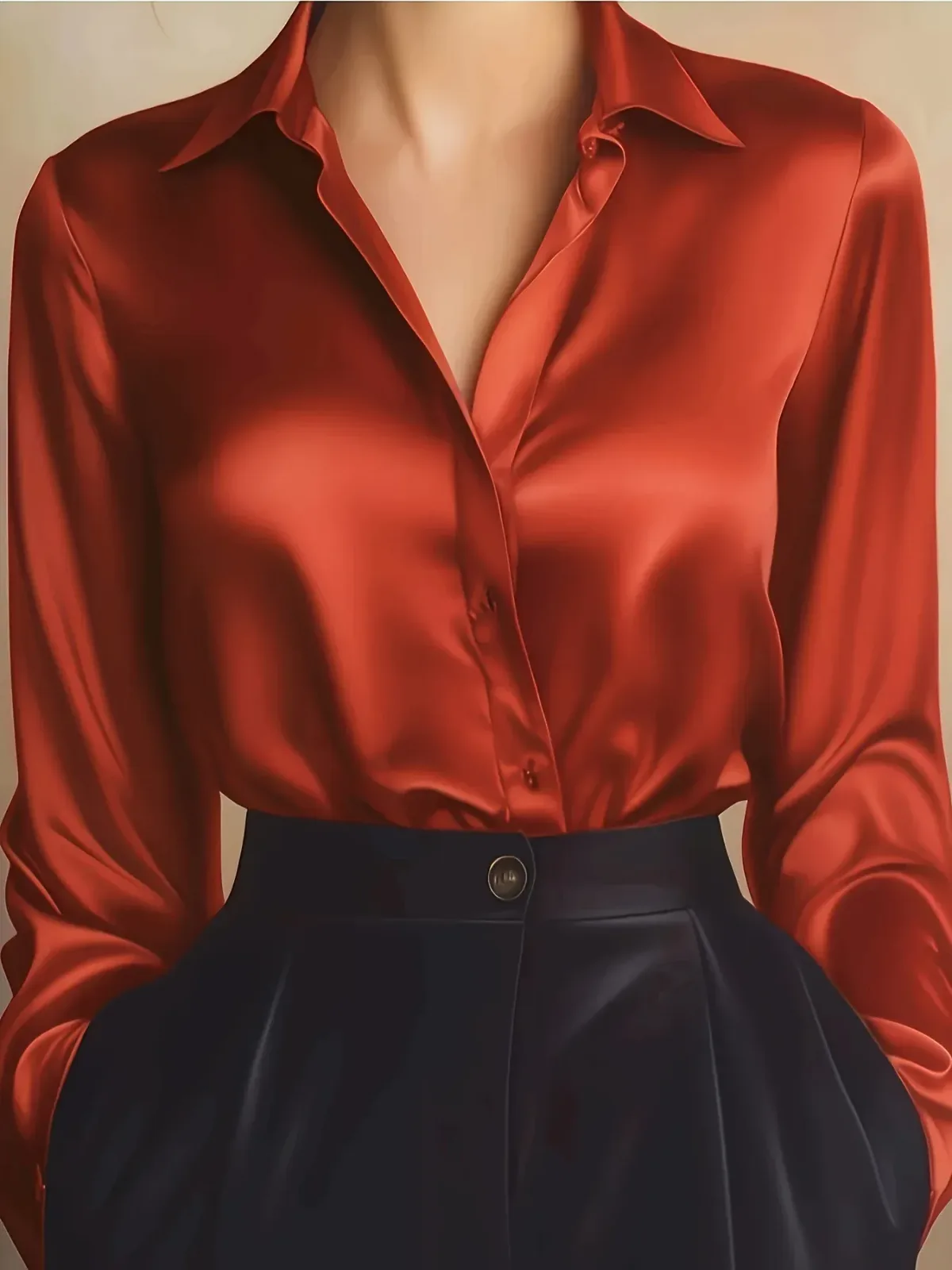 rust red silky office shirt showing the turn-down collar and button front