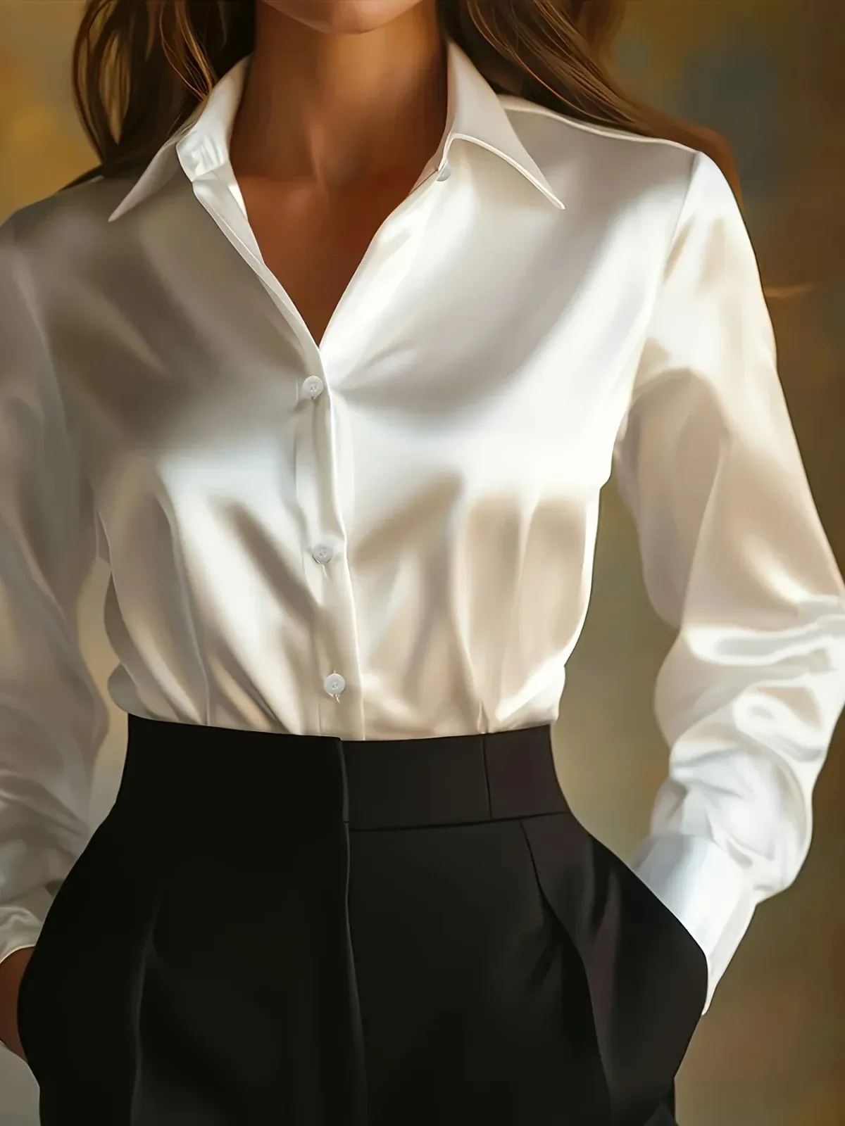white silky button-down shirt styled as a workwear look