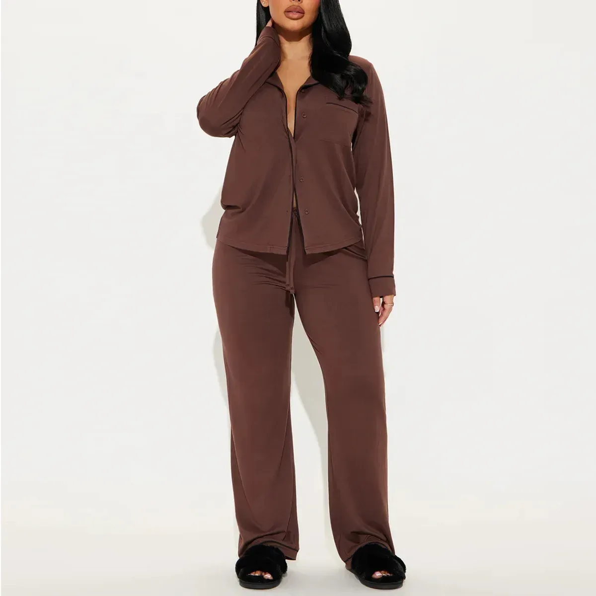 brown soft knit button up pajama set worn for lounging