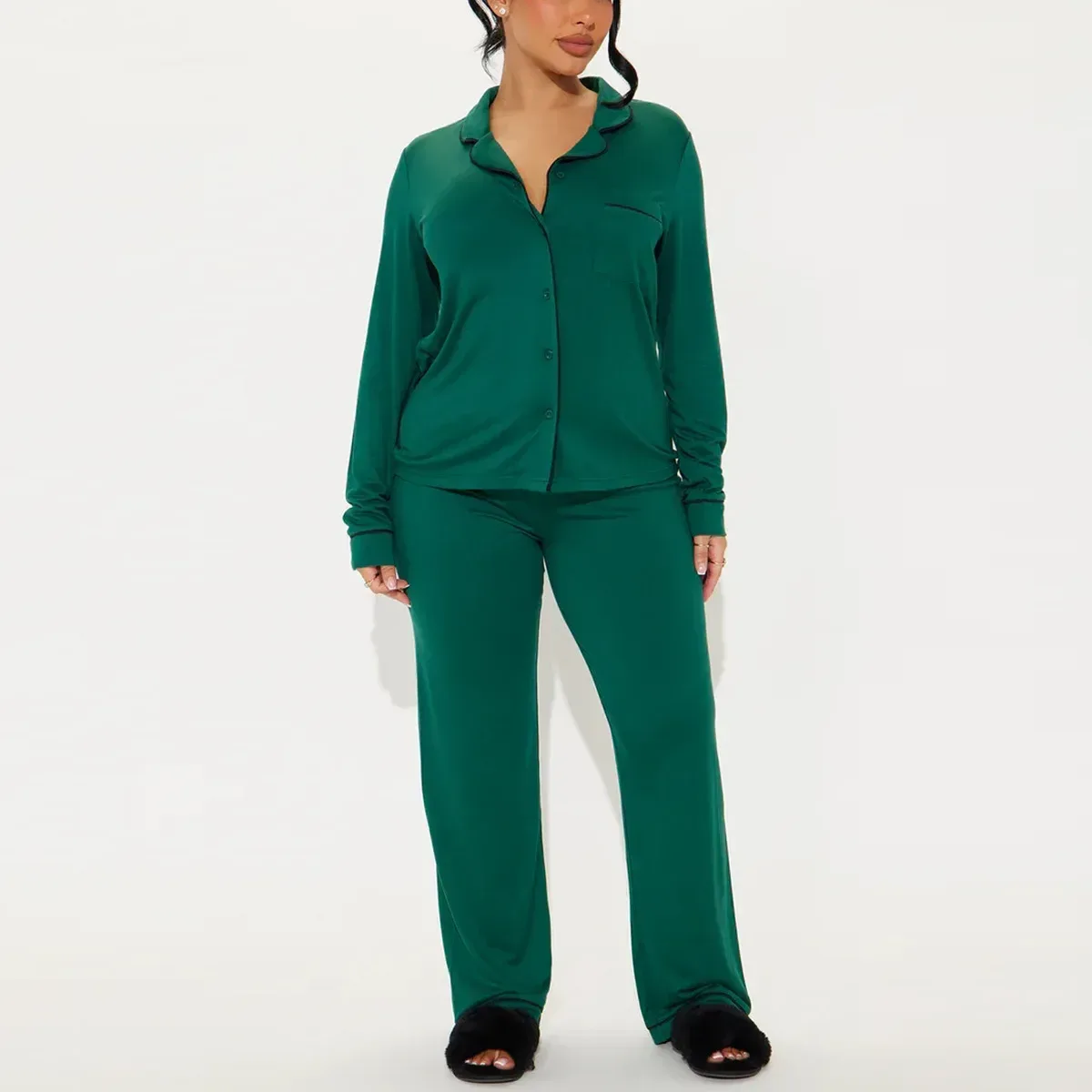 green soft knit pajama set with long sleeve shirt and full length pants