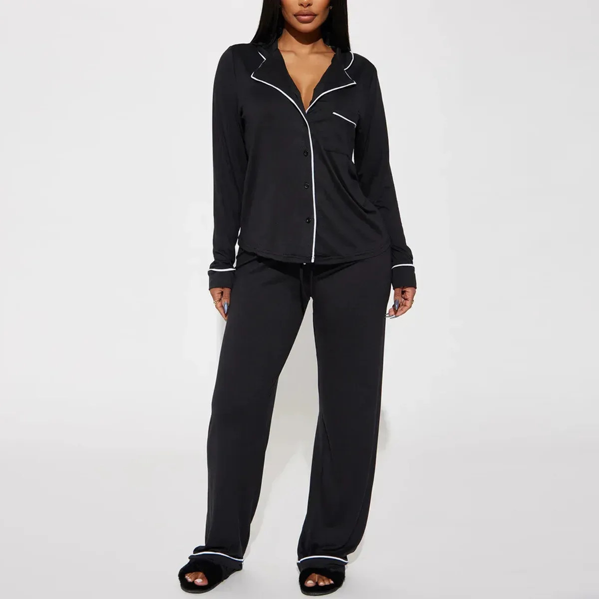 black knit pajama set with notch collar, button front and chest pocket
