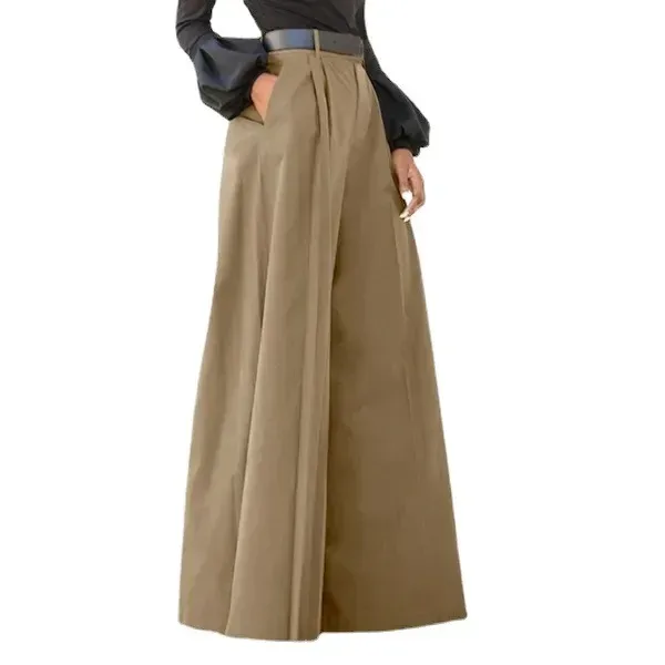 model with a hand in the pocket of khaki wide leg pants