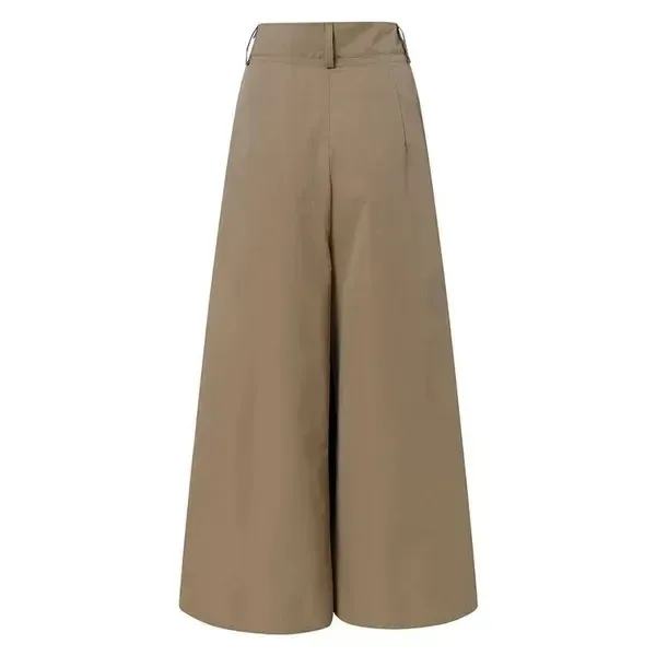 khaki pleated wide leg pants laid flat showing the full leg