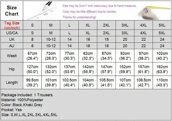 size chart for the pleated wide leg pants from S to 5XL