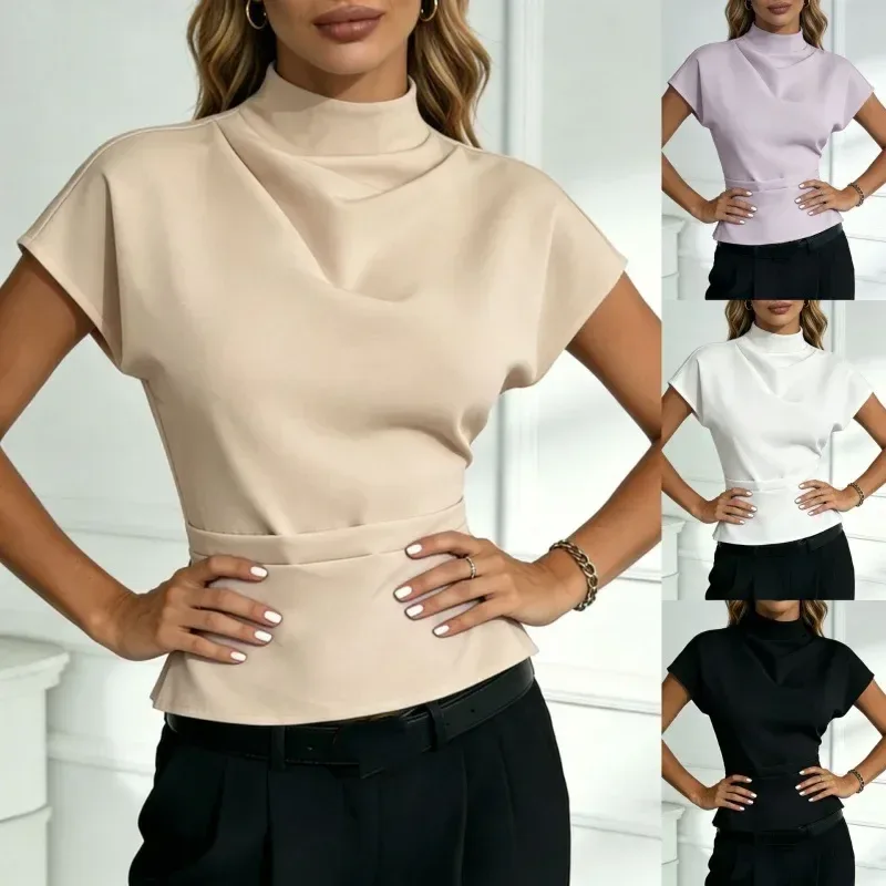 mock neck fitted waist blouse in beige, lavender, white and black