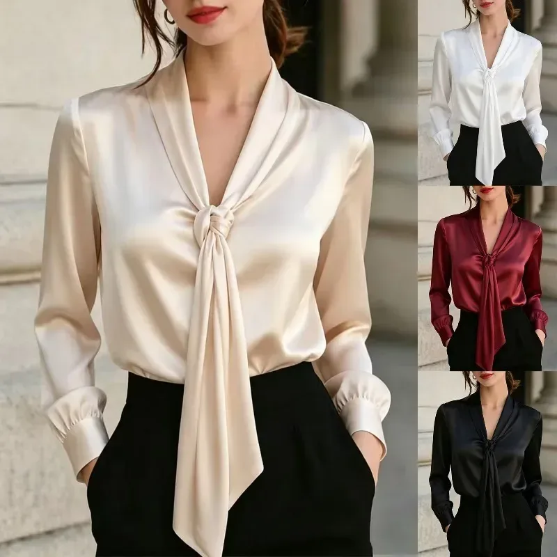 satin V neck scarf tie blouse in beige with burgundy and black options