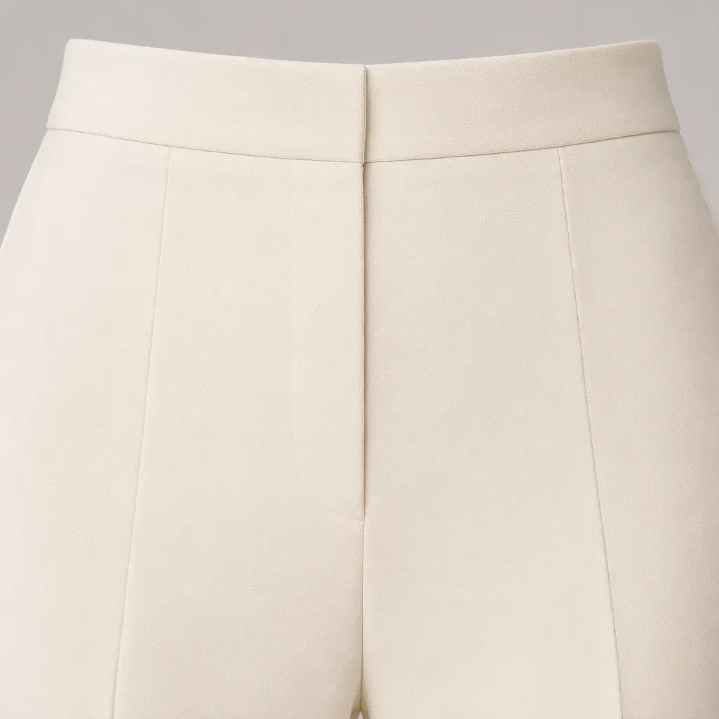 clean high waistband and pressed crease detail of the flare pants