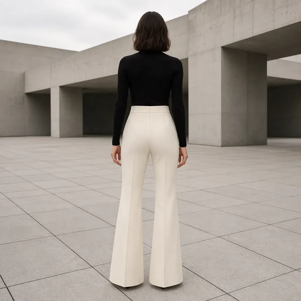back view of cream high waisted flare pants on a model