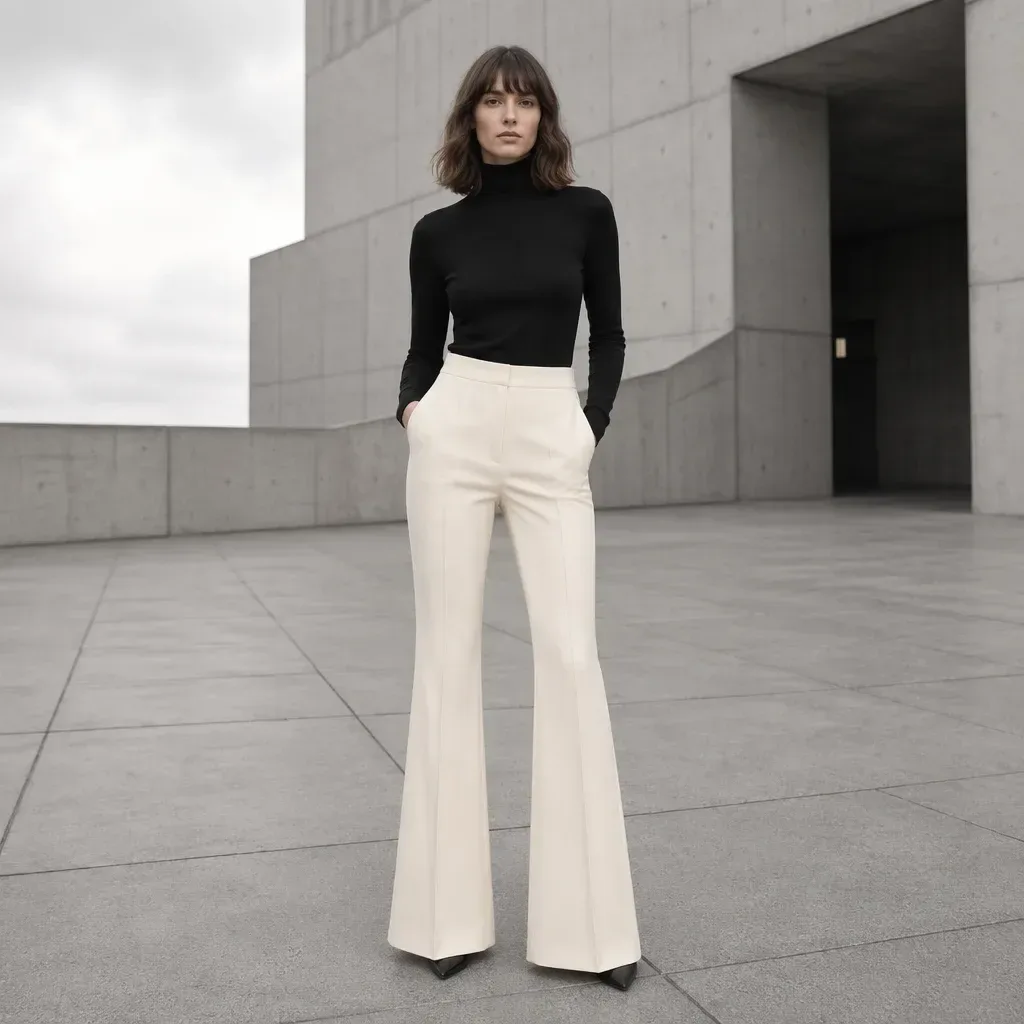 model in cream high waisted flare pants and a black turtleneck
