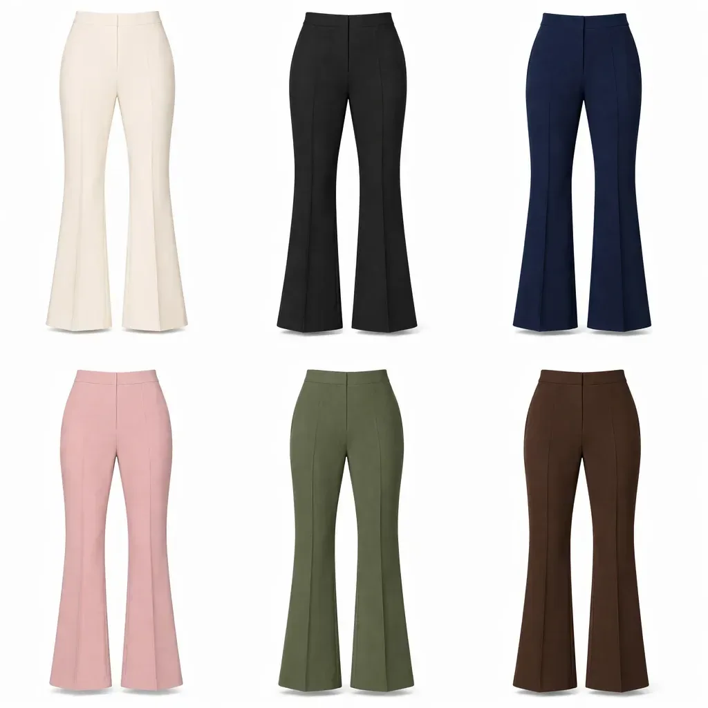 high waisted flare pants in cream, black, navy, pink, olive and brown