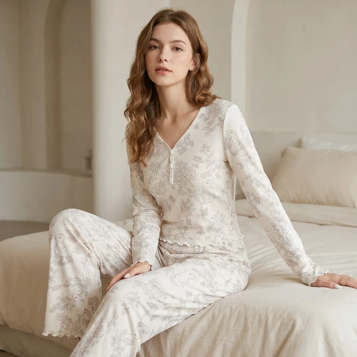 grey floral and rabbit print on the cream ribbed pajama set