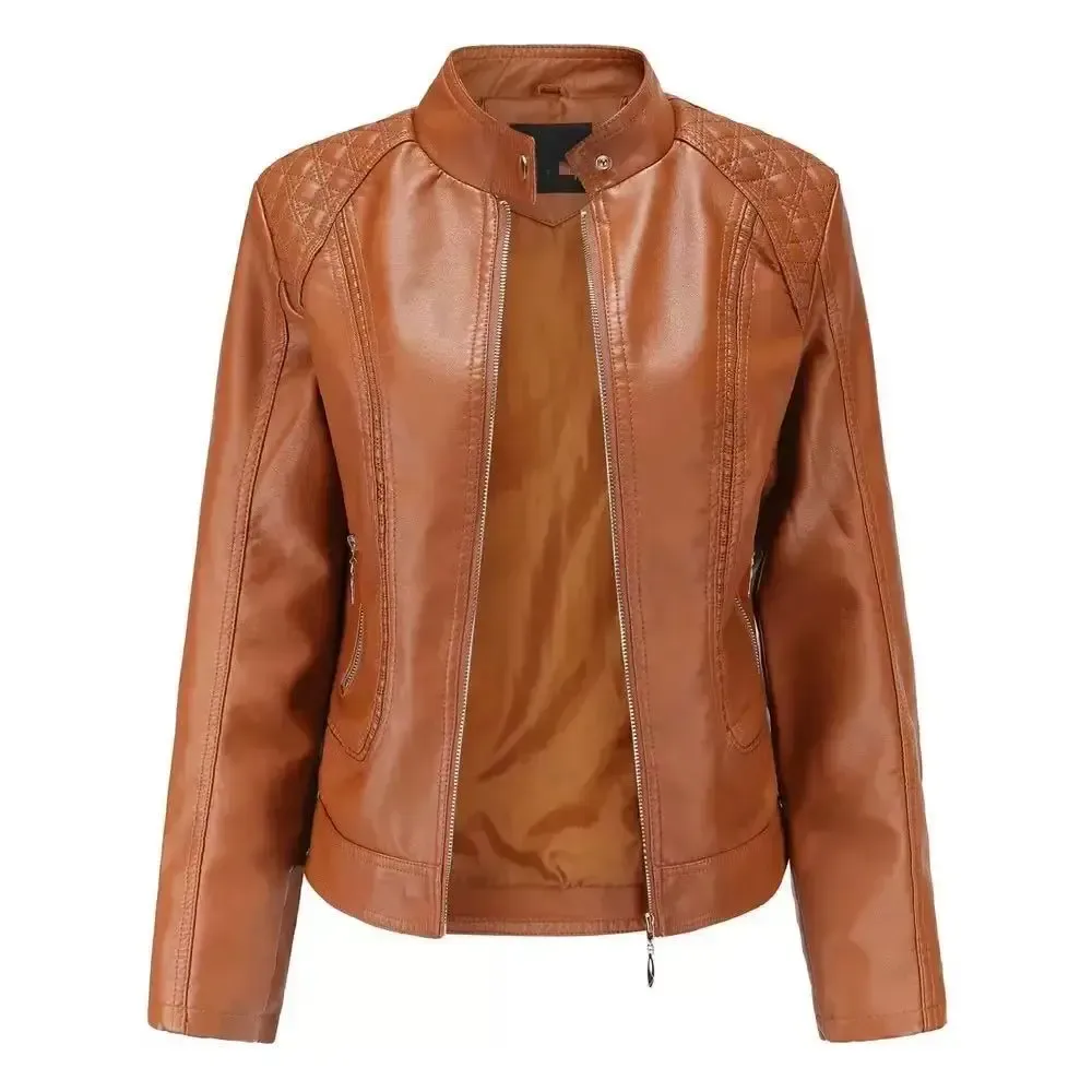 open brown faux leather jacket showing the smooth lining