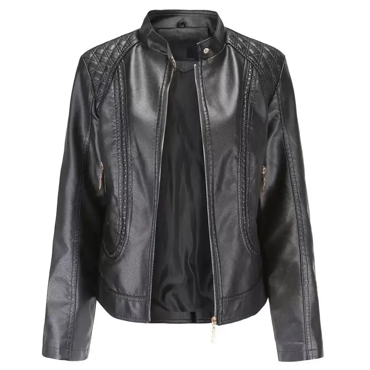 stand collar with snap tab on the black faux leather jacket