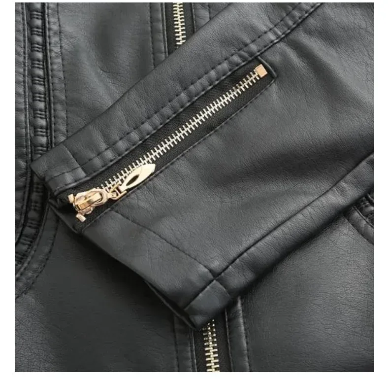 zipped cuff detail of the women's faux leather jacket