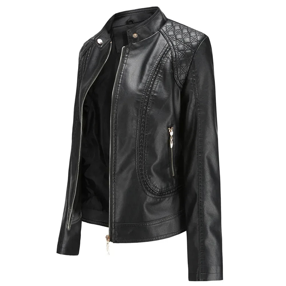 zipped side pocket on the women's faux leather jacket