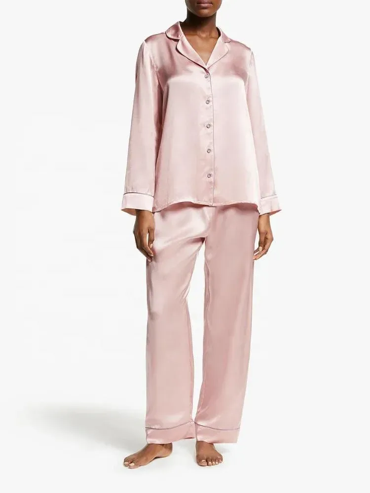 front view of the satin pajama set with straight leg pants