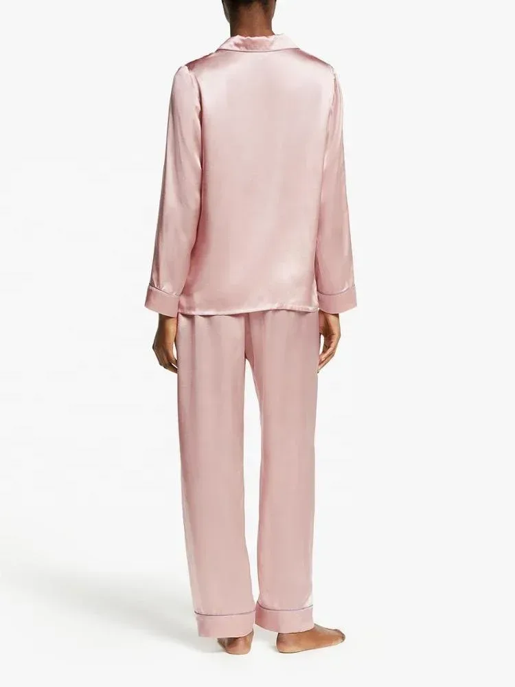 relaxed back of the satin pajama shirt and pants