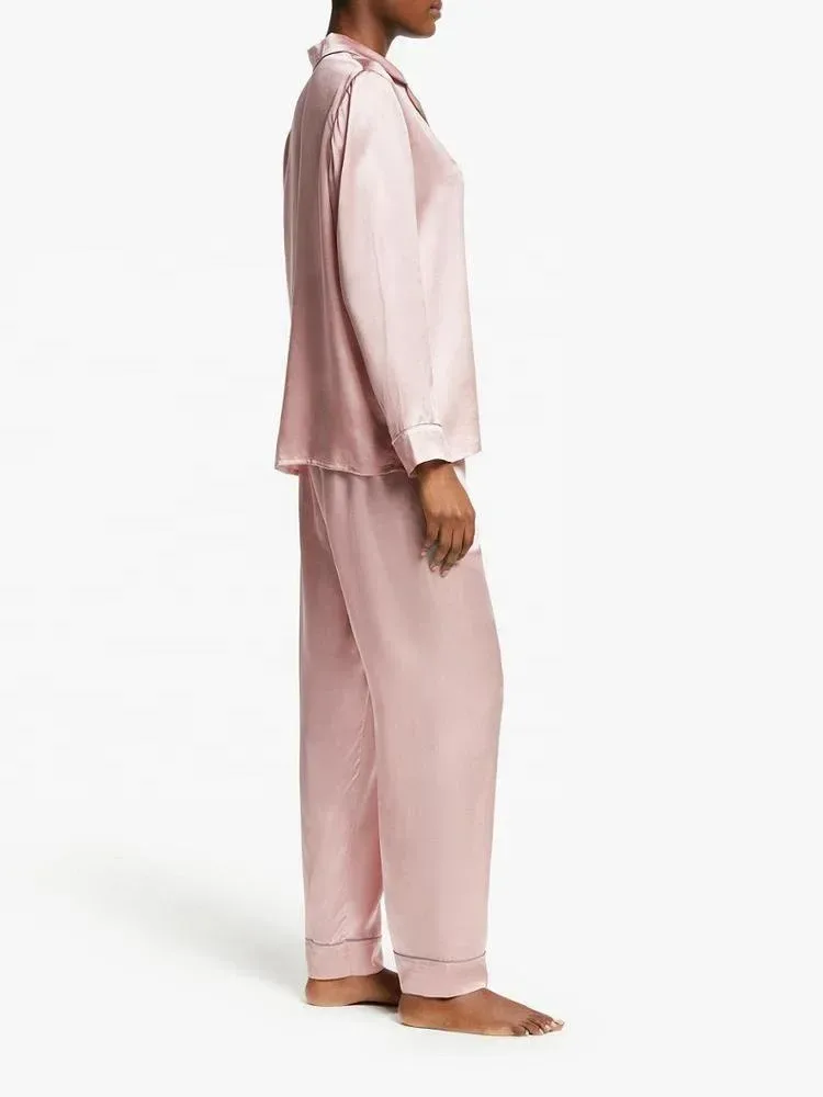 straight leg satin pajama pants with piped hems, side view
