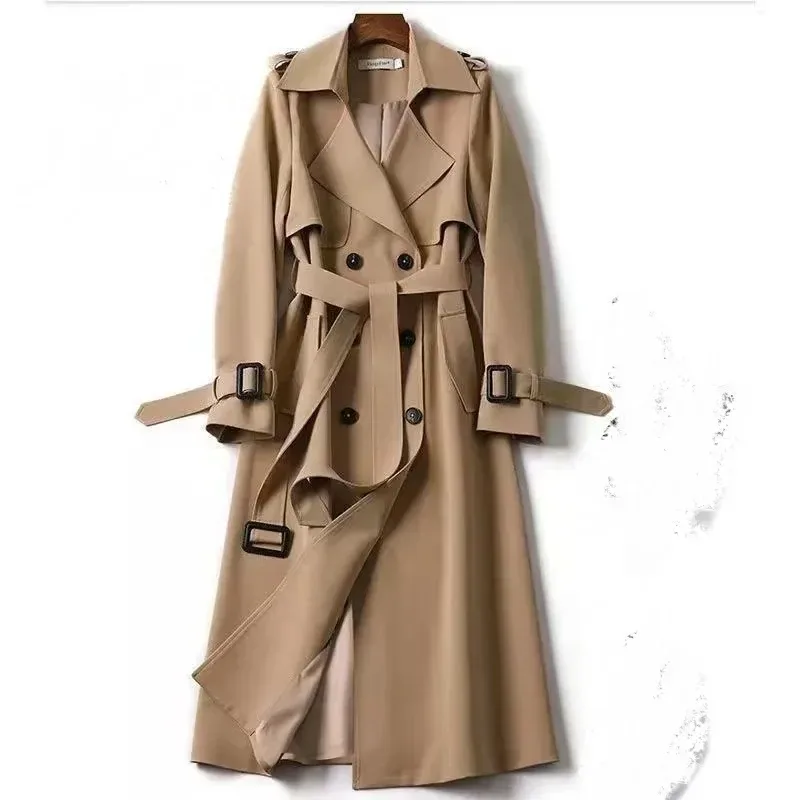 double breasted front and wide collar of the long trench coat