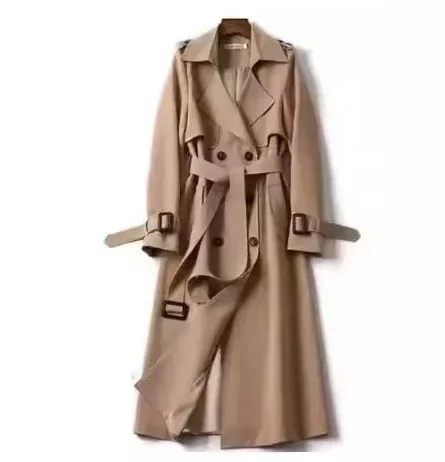extra long length of the khaki belted trench coat