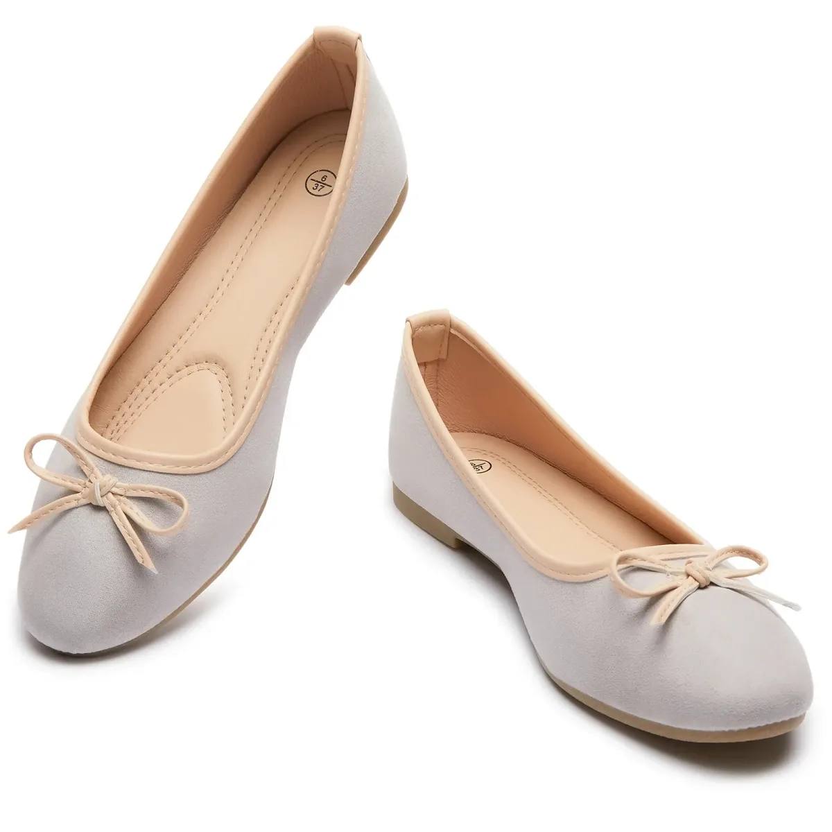 light gray women's ballet flats with tie bow and round toe