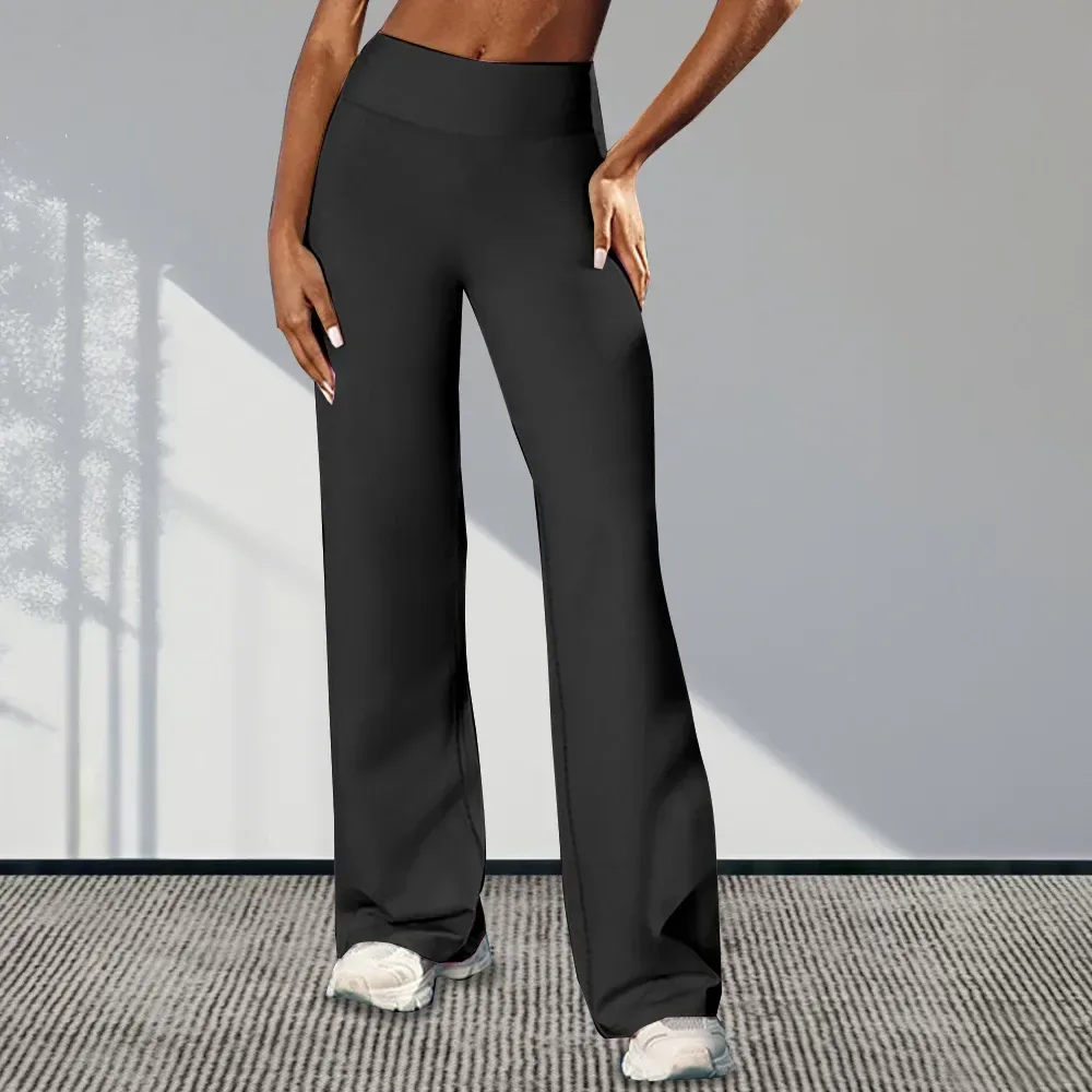black stretch flare dress pants with a wide flared hem