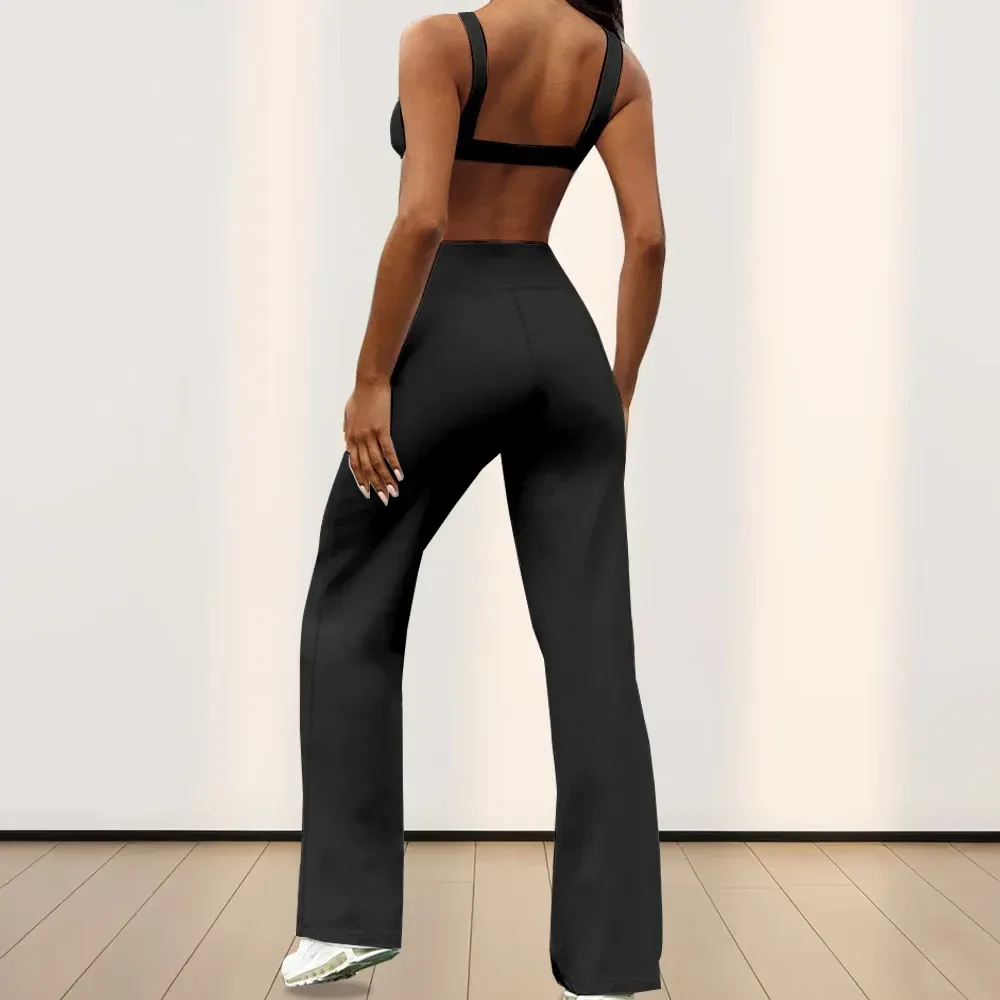 back view of black high waist stretch flare work pants