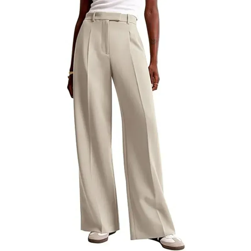 beige full length wide leg office trousers with sneakers