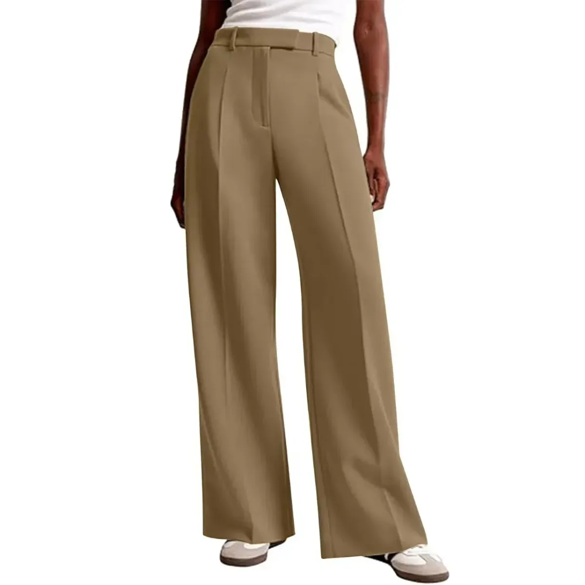 khaki wide leg office trousers with a pressed center crease