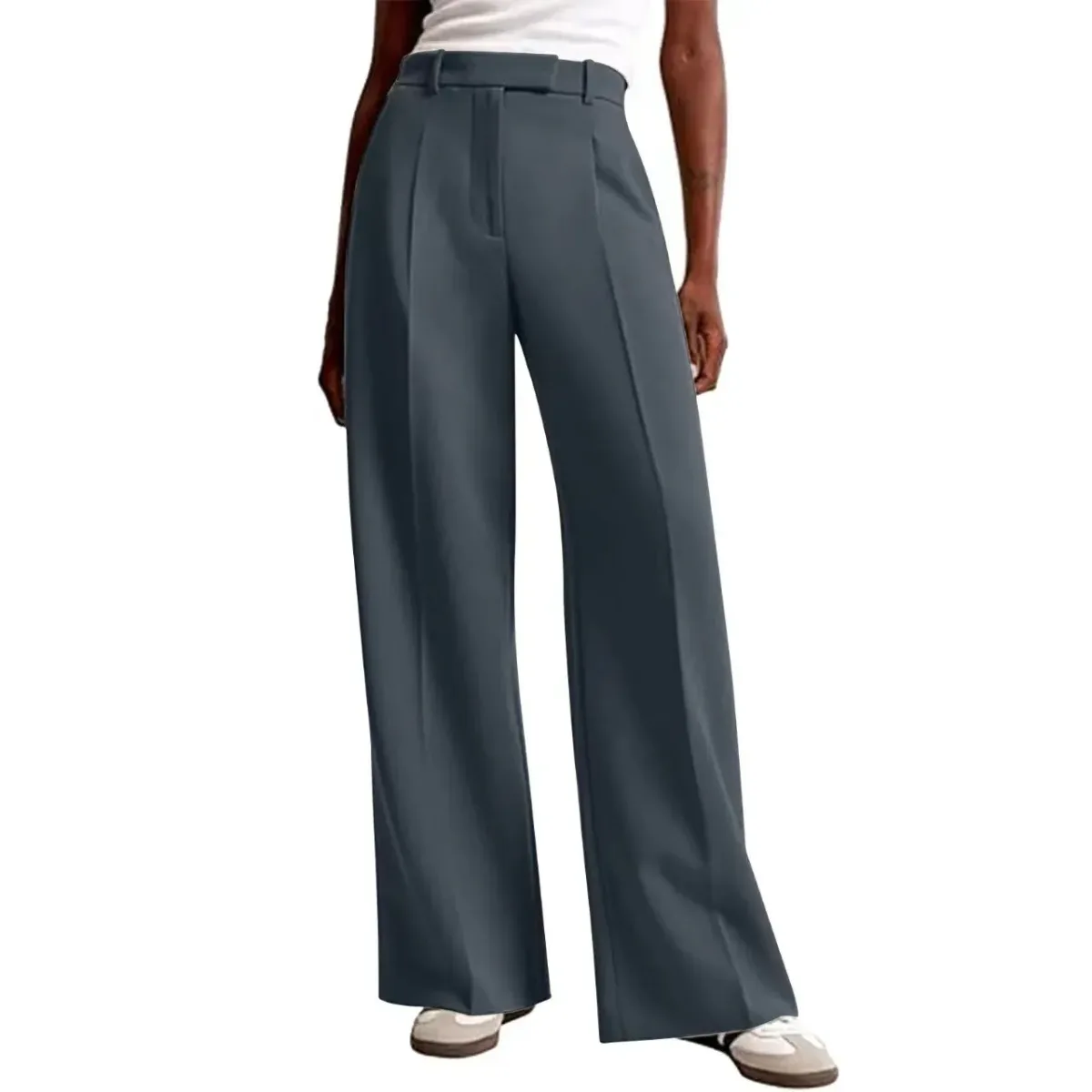 slate gray office trousers with a high waist, belt loops and zip fly