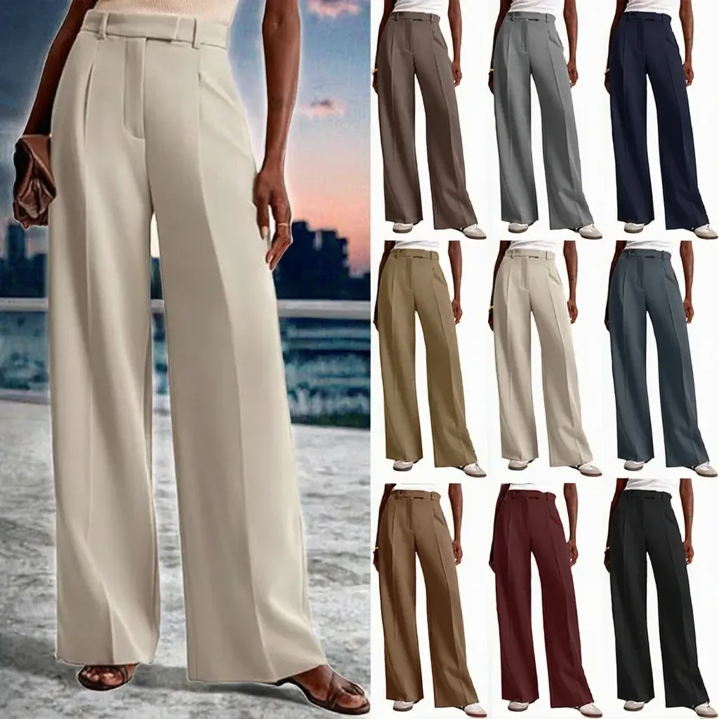 beige high waist wide leg trousers showing the long, straight drape