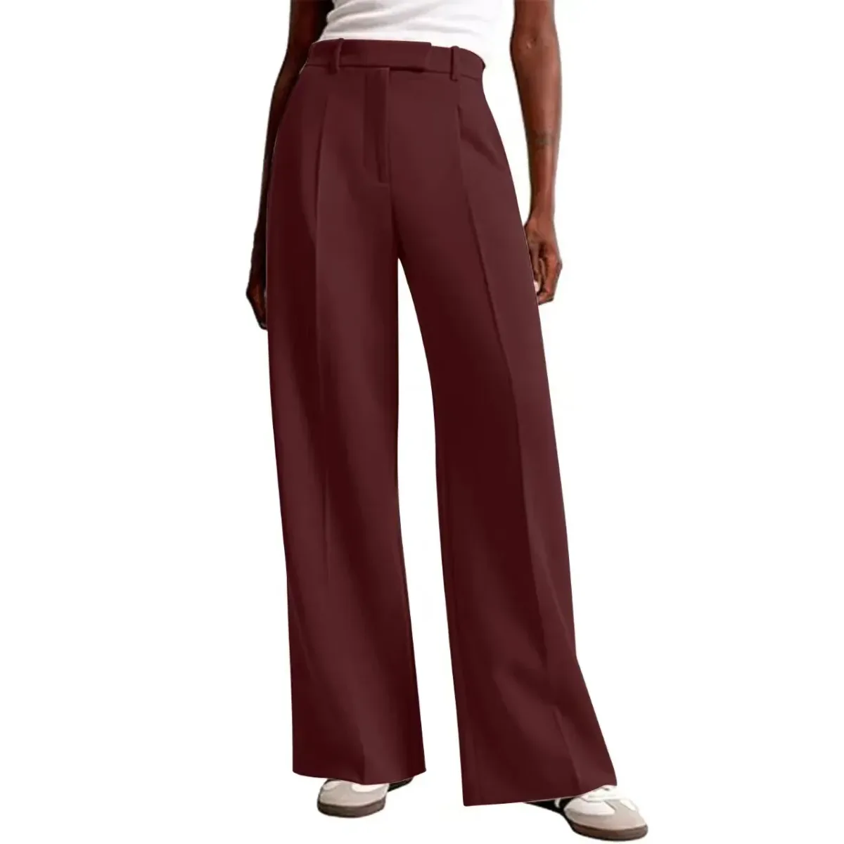 wine red wide leg business pants worn with a white top