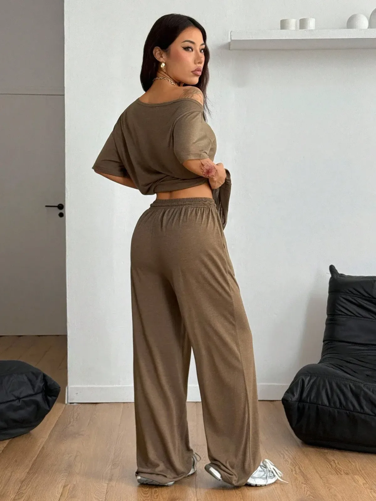 relaxed back of the off shoulder lounge tee