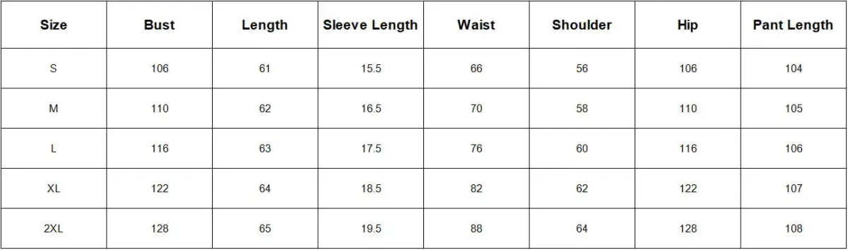 size chart for the off shoulder tee and wide leg pants lounge set