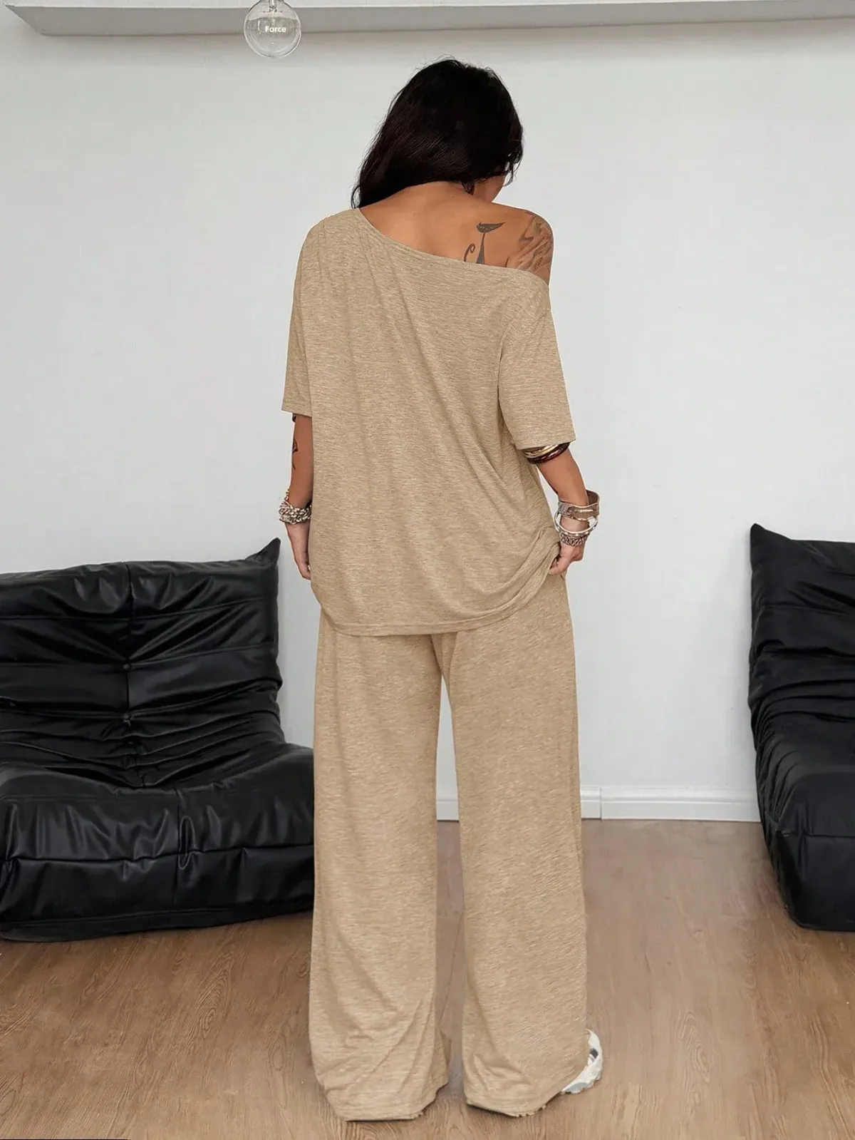 khaki wide leg lounge pants with full length hem