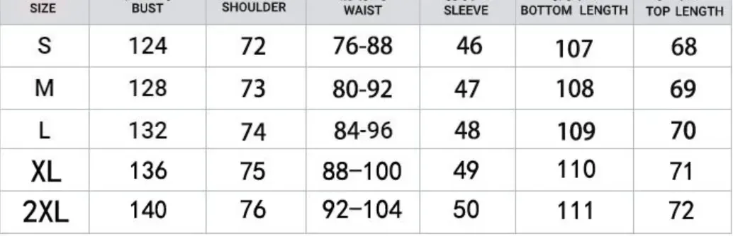 size chart for the oversized top and wide leg pants lounge set in centimetres
