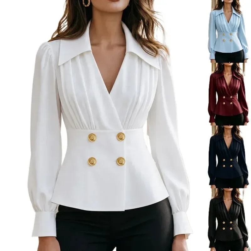 women's V-neck pleated blouse in white with light blue, burgundy, navy and black options
