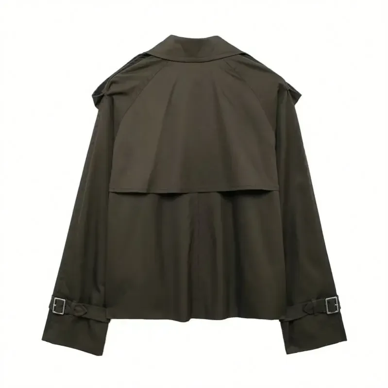 back of the army green cropped trench jacket with storm flap and buckled cuffs
