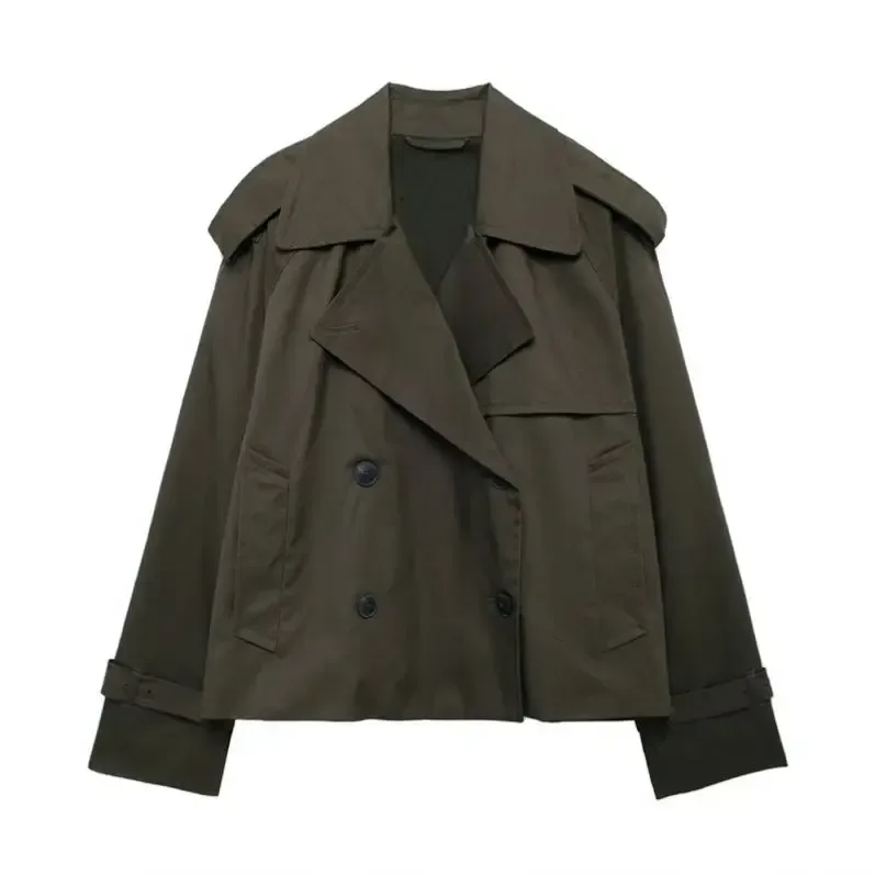 front view of the army green cropped trench jacket