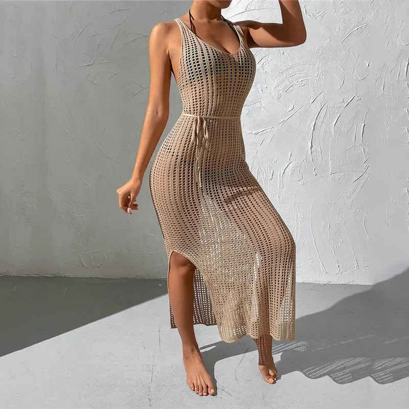 tie belt at the waist of the open knit beach cover-up maxi dress