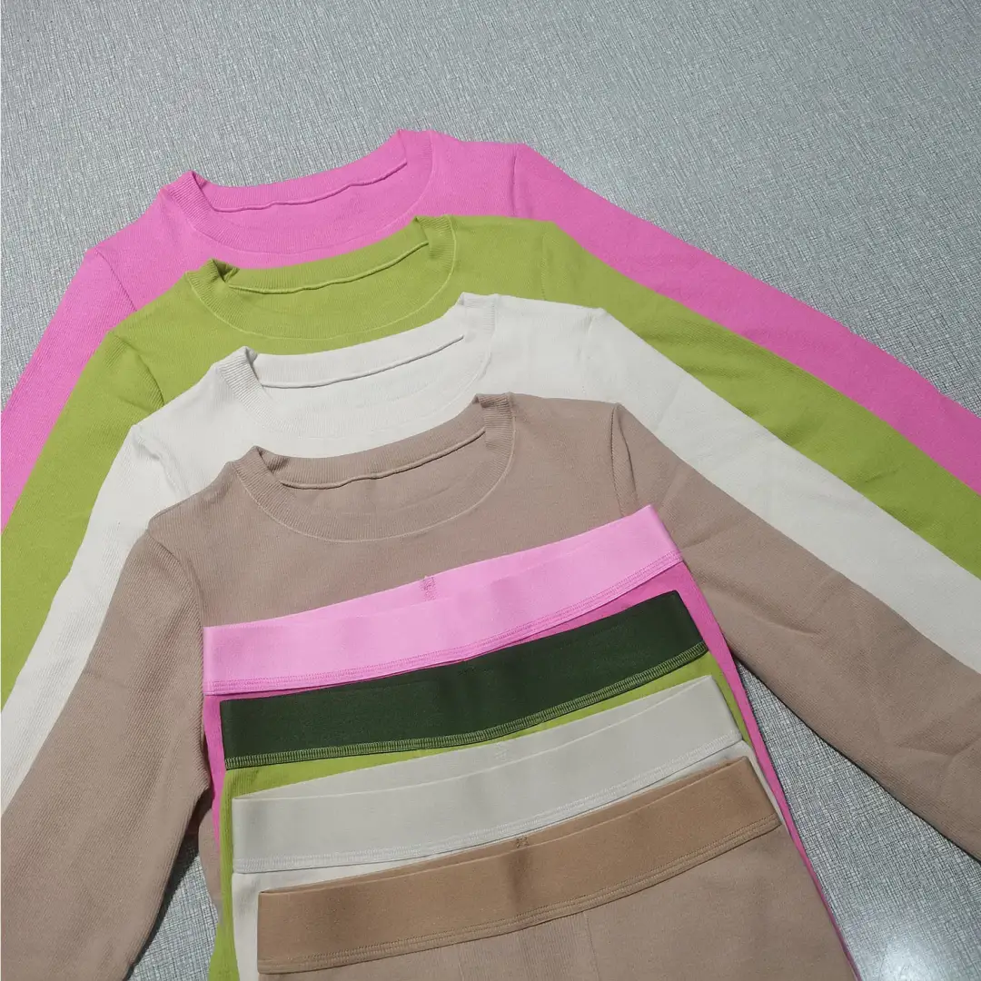 ribbed cotton loungewear tops and leggings in pink, olive green, ivory and mocha beige
