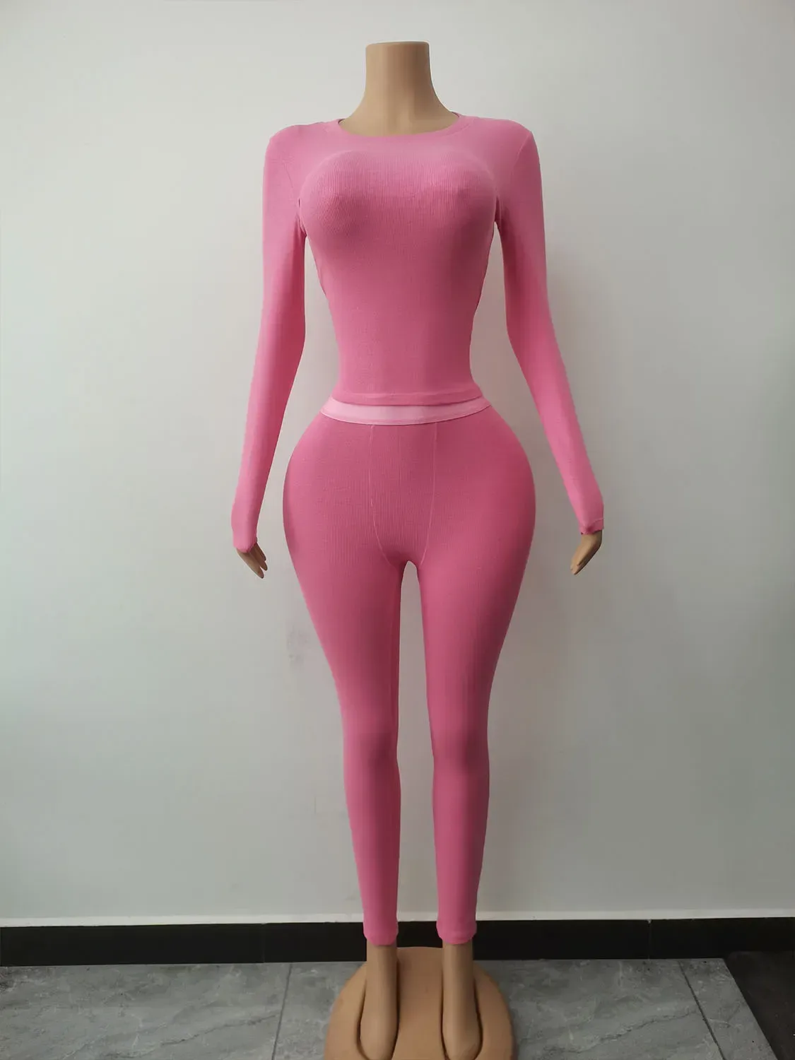 full length view of the ribbed cotton loungewear set on a dress form