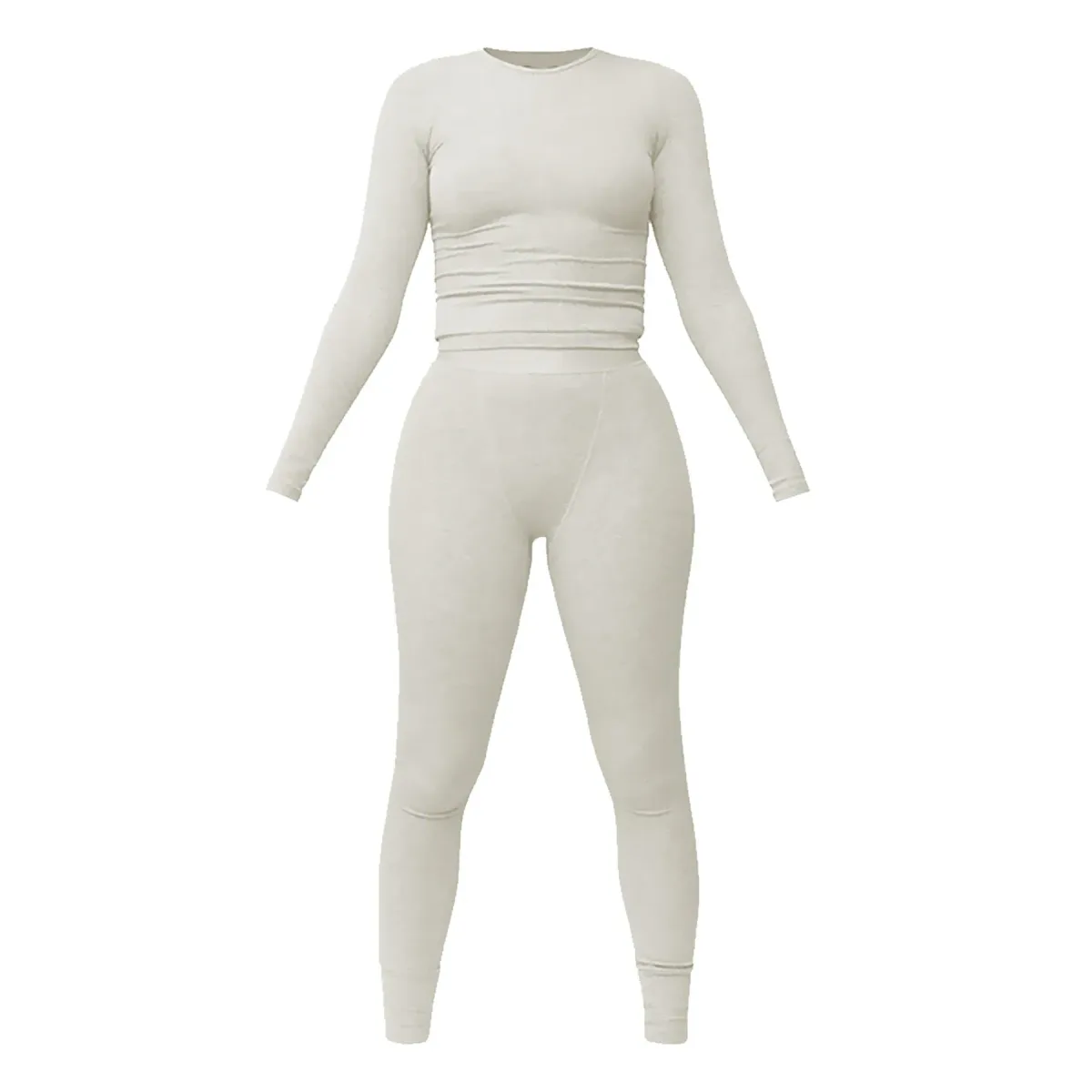 ivory ribbed cotton loungewear set showing the long sleeve top and leggings shape