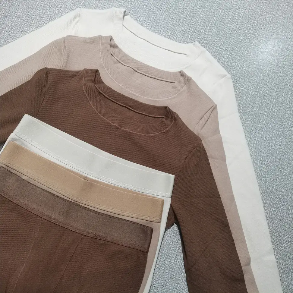 ribbed cotton loungewear set in ivory, mocha beige and coffee brown folded