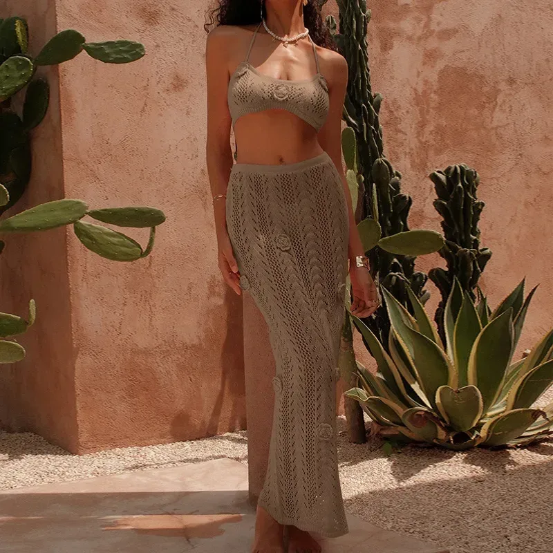 open handmade knit of the khaki crochet top and skirt