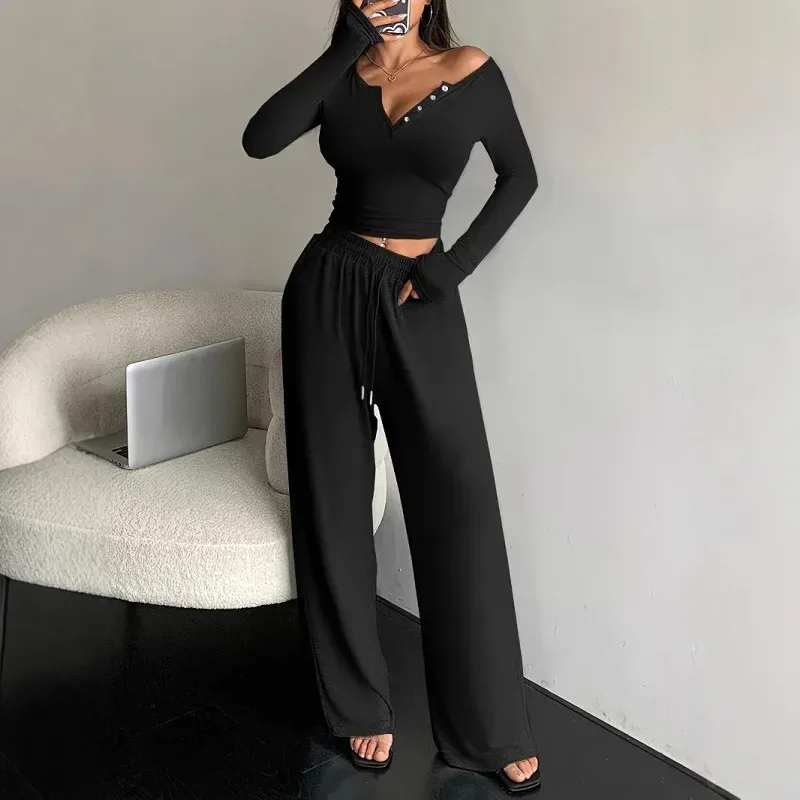 black cropped henley and wide leg pants lounge set