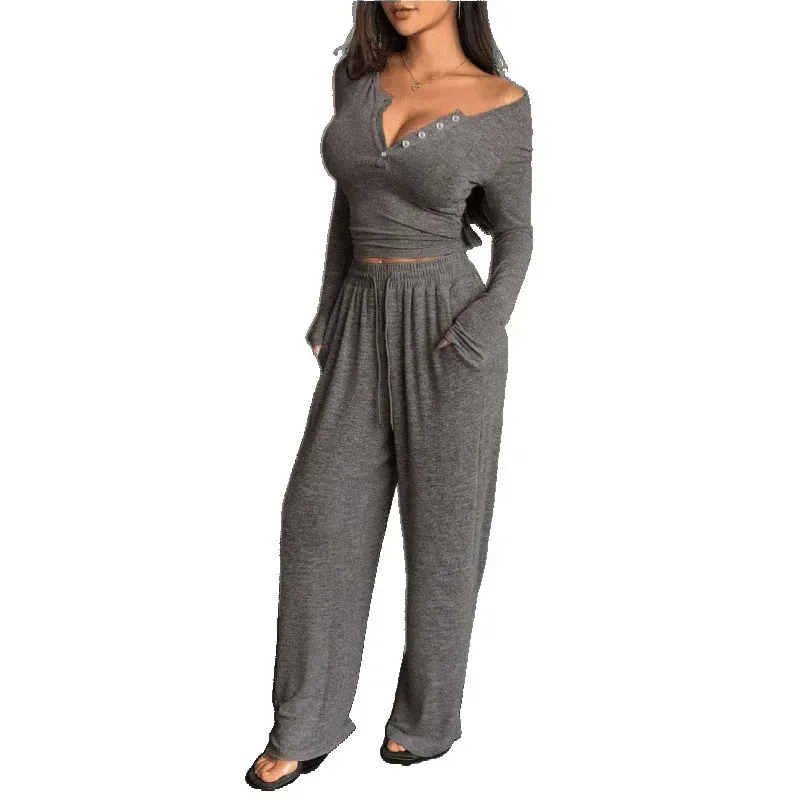 buttoned V neckline of the cropped henley lounge top
