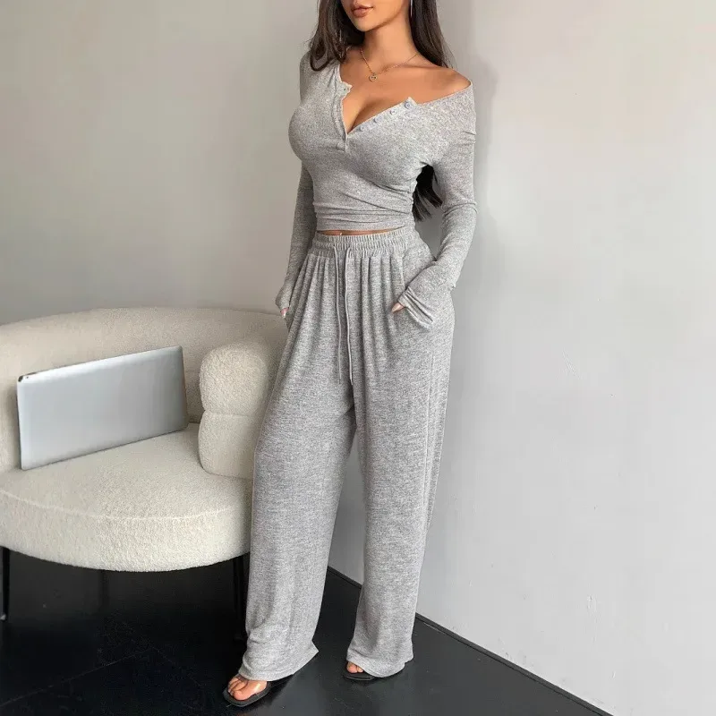 high waist wide leg lounge pants with drawstring waist