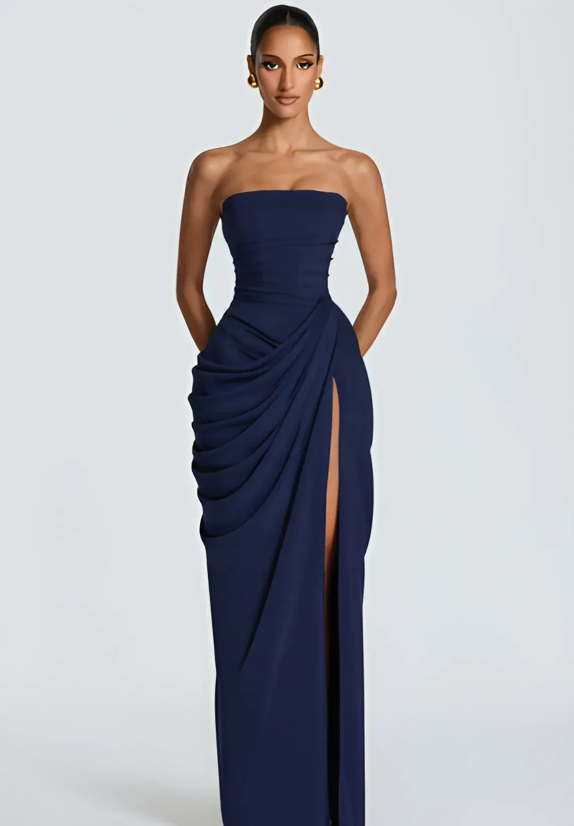 draped skirt of the navy strapless corset maxi dress